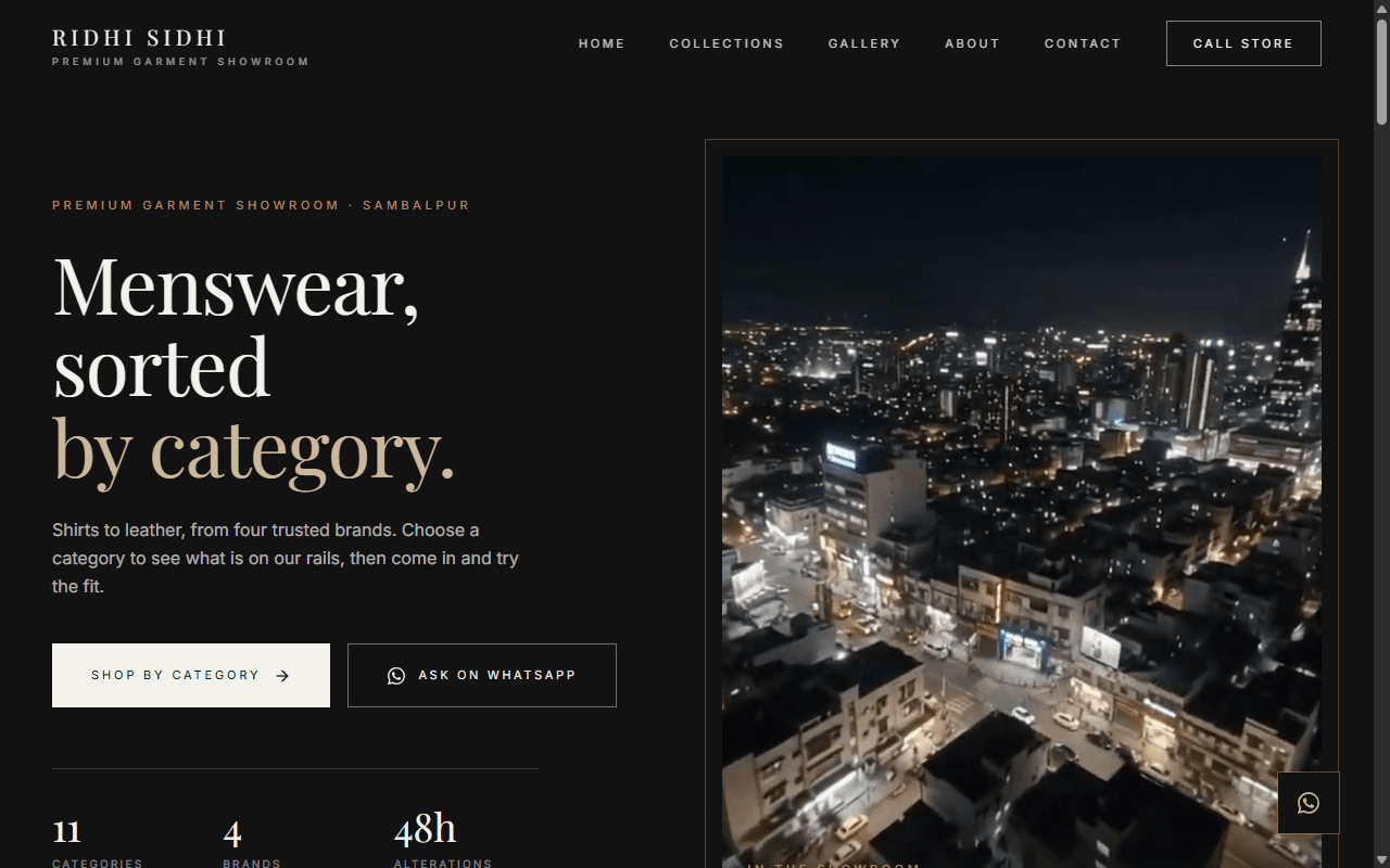 Homepage of the Ridhi Sidhi menswear showroom website
